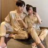 A wholesale set of short-sleeved couple pajamas for spring and autumn, featuring solid ice silk color faux silk for both men and women, can be worn as outerwear for home wear Specification image